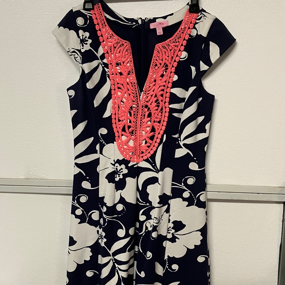 Lilly Pulitzer Navy and White Dress with Pink Lace